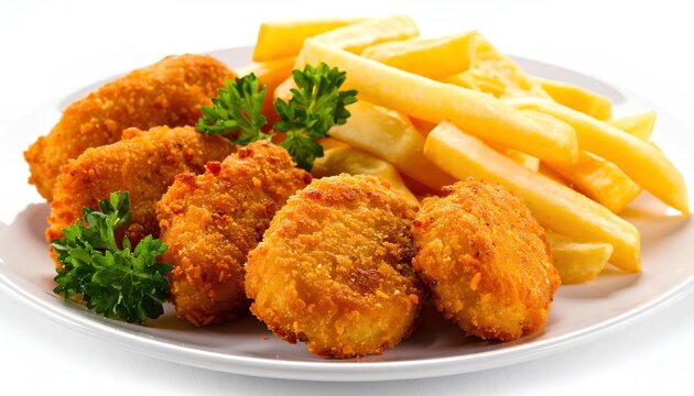 fried chicken nuggets with french fries on white plate for fast food menu design