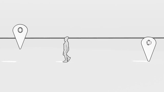 Silhouette of a woman walking between location markers in sketch style