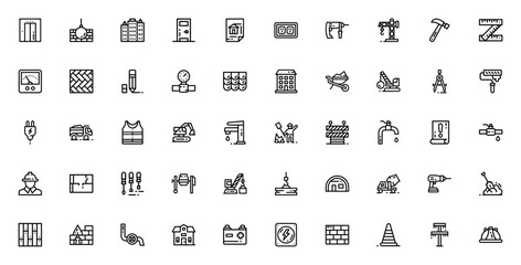 Construction icon set. Minimal line vector icons pack. Featuring elevator, wrecking ball, building, crane, hammer, drill, blueprint, excavator, worker, and more. Editable vector stroke. © wang