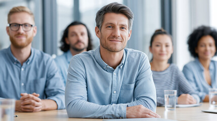 Fototapeta premium Confident diverse team sitting in meeting room smiling at camera grey hair and glasses for man on left with blue shirt leading and people behind him wearing blue shirts