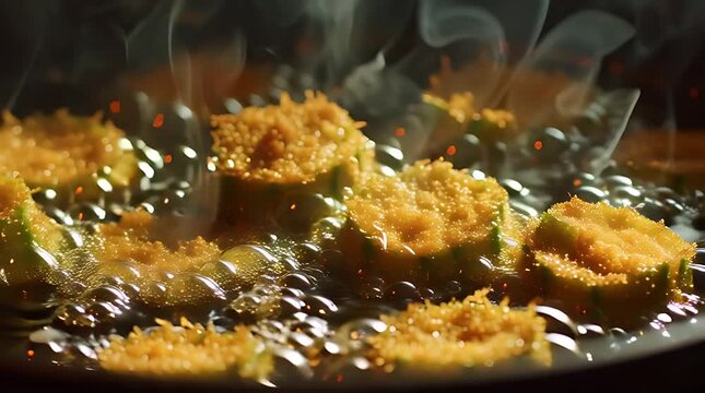 Close-up of zucchini slices frying in hot oil with steam rising