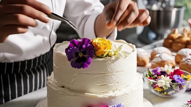 A baker's hands meticulously decorate a white cake with fresh edible flowers using tweezers, showcasing culinary artistry.