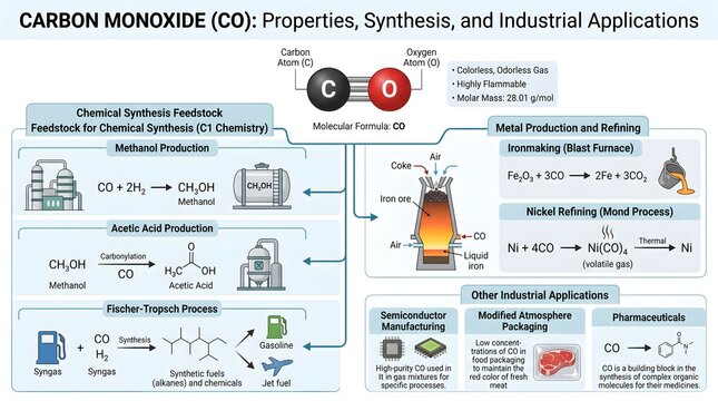 Carbon Monoxide (CO): Properties, Industrial Synthesis Routes and Applications in Metal Production, Acetic Acid and Fischer&ndash;Tropsch Chemistry, Semiconductor Manufacturing and Other Advanced Materials 