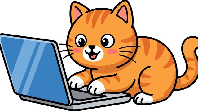 Cute Orange Tabby Cat Typing on Laptop