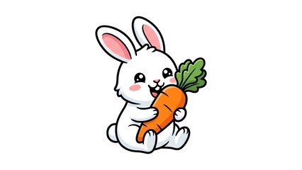 Fototapeta premium Cute White Bunny Holding a Large Orange Carrot