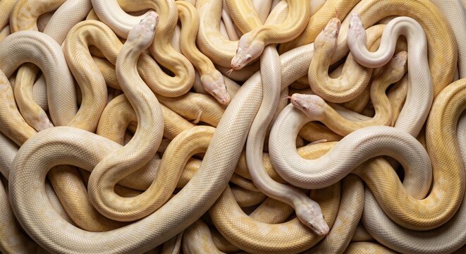 Group of albino ball python snakes intertwined together creating a complex pattern of pale yellow and white scales in a high angle studio photography shot
