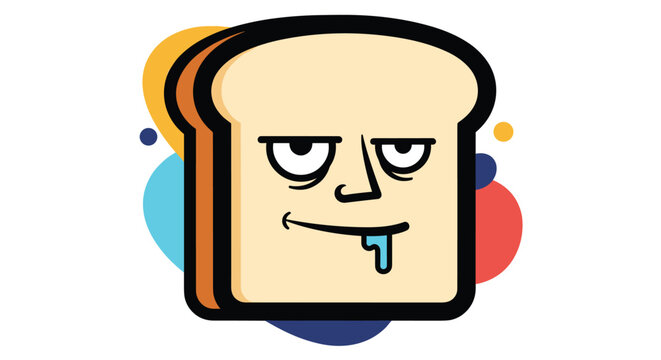Cartoon character of a slice of bread with a disinterested expression and blue drool against a colorful background.