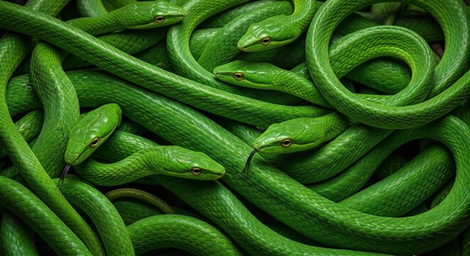 Multiple vibrant green snakes intertwined in a dense tangled cluster showing scaly textures and alert eyes with flickering tongues for wildlife concept