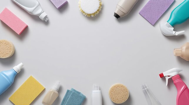 kitchen cleaning. Cleaning supplies arranged in a circular layout on a light gray surface, featuring bottles, sponges, and brushes for household use