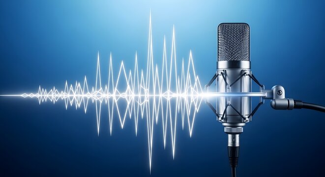Professional microphone with sound waves on blue background