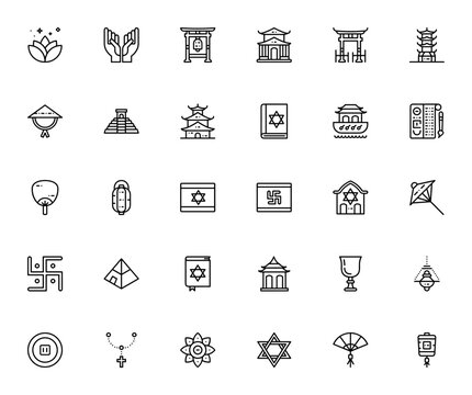 Religion icon pack. Minimal vector icons set. Featuring lotus, prayer, shrine, pagoda, pyramid, torah, noah ark, star of david, swastika, synagogue and more. Editable vector stroke.