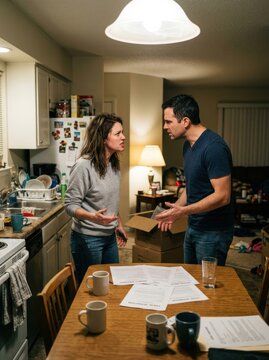 A man and a woman are arguing intensely at a kitchen table. The woman gestures emphatically with her hands, while the man stands with his arms crossed and a stern expression.