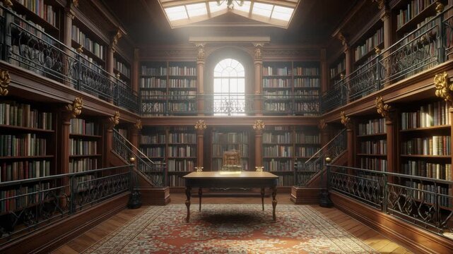 Grand Two-Story Classic Library Interior with Warm Sunbeams 4K Generative AI