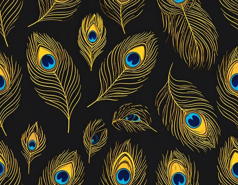 Black background art with multiple stylized golden-yellow peacock feathers with blue and yellow eye-spots