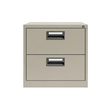 A gray metal file cabinet with two drawers sits on a transparent background. The cabinet has a lock and silver handles.