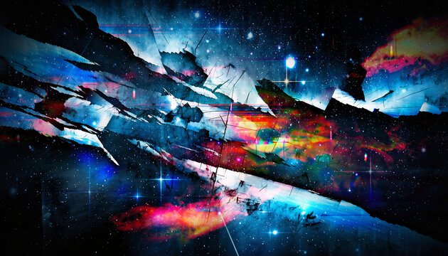 Dynamic fractured cosmic planes tear open to reveal a vibrant deep space nebula filled with glowing stars and dramatic high-contrast lighting in this abstract astronomical photography concept.