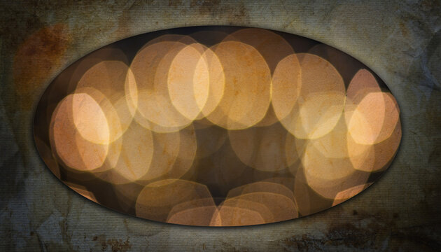 Concept of faded nostalgic memories framed in a vintage oval portal featuring warm analogous golden bokeh lights surrounded by a dark distressed grunge texture gradient overlay.