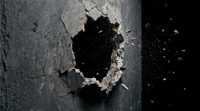Jagged hole smashed through a dark painted wooden wall revealing a pitch-black background gap.