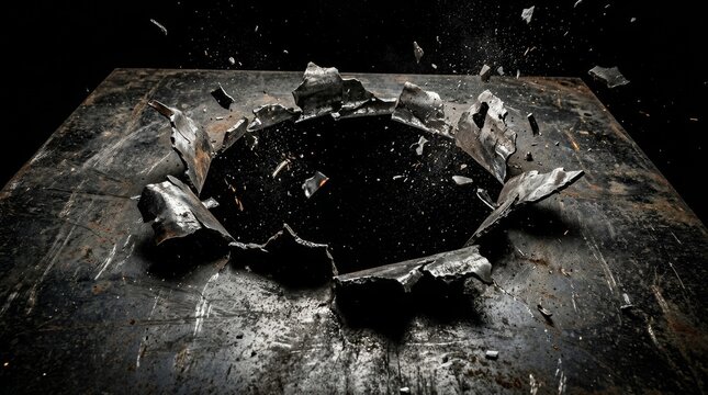 Jagged hole smashed through a dark painted wooden wall revealing a pitch-black background gap.