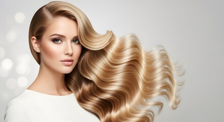 Naklejka premium Beautiful woman with long wavy blonde hair, elegant portrait