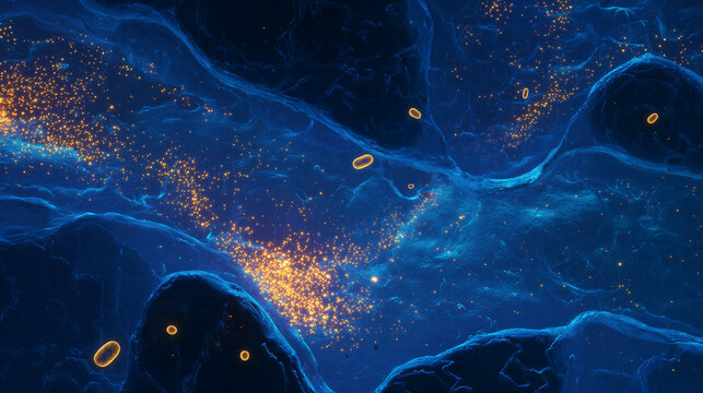 Microscopic dreamlike view inside a cell, with mitochondria as tiny glowing power plants recharging at night.