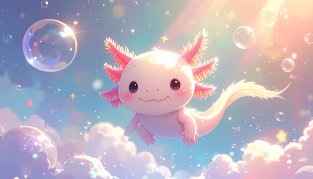 Cartoon axolotl floating in dreamy sky