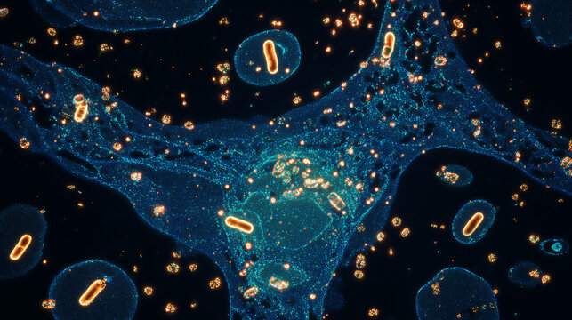 Microscopic dreamlike view inside a cell, with mitochondria as tiny glowing power plants recharging at night.