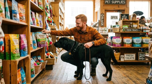 Man shopping for dog treats with his black labrador in a pet store