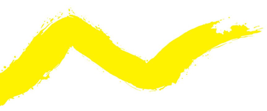 Bright yellow brush stroke with splatters across white background. Abstract paint mark splash