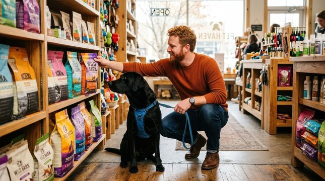 Man with his black labrador dog shopping for pet food in a store