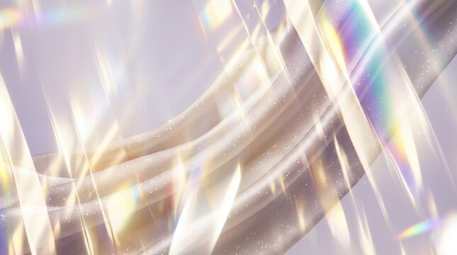 虹色のプリズム光と柔らかなウェーブが織りなすエレガントな抽象背景。クリスタルガラスの輝きと光の屈折、ラグジュアリーなテクスチャ