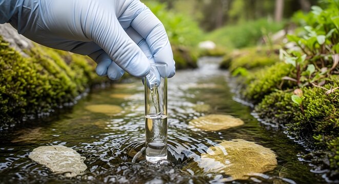 Scientist Collecting Water Sample from Forest Stream for Analysis