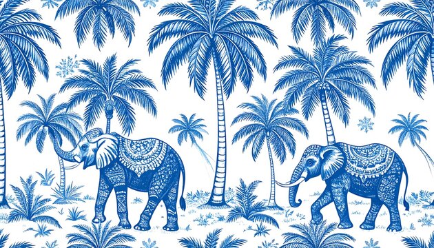 Blue and white repeating pattern featuring elegant elephants and towering palm trees. Lush tropical foliage fills the scene