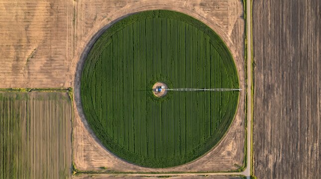 Aerial Top Down View of Center Pivot Irrigation System on Vibrant Green Circular Farm Field