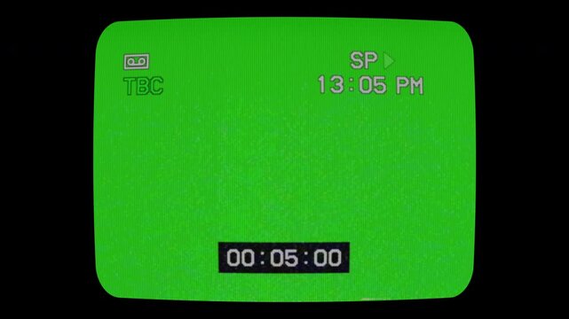 VHS interface on TV screen with chromakey. CRT old screen with date and timecode. Green TV screen with noise vhs effect.