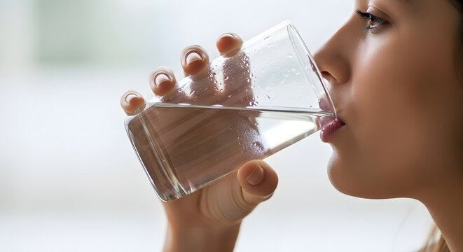 Woman drinking water from a glass, close-up view, refreshing moment