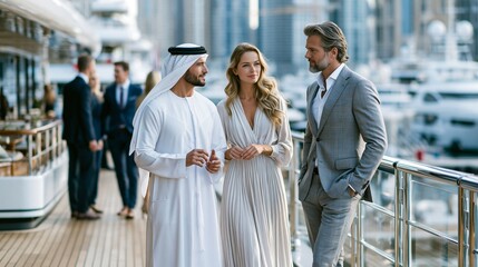 Obraz premium Group of people talk on yacht deck in city marina during daytime with tall buildings in the background