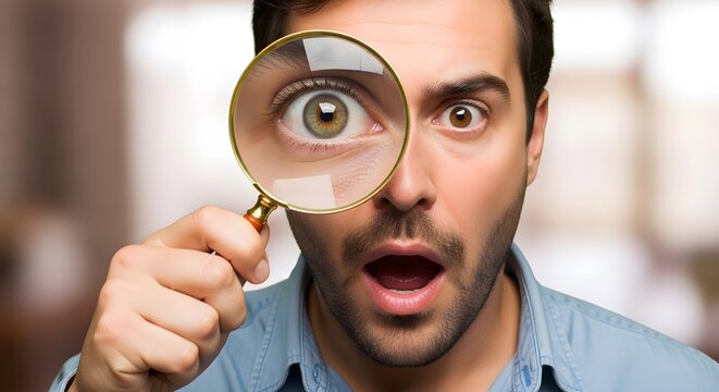 Surprised man with magnifying glass examining closely, shocked
