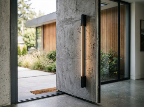 Modern pivoting wooden front door of a luxury villa