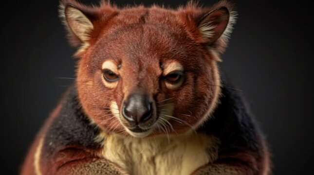 Front portrait of tree kangaroo, symmetrical composition, detailed fur, cinematic close up, 4K footage