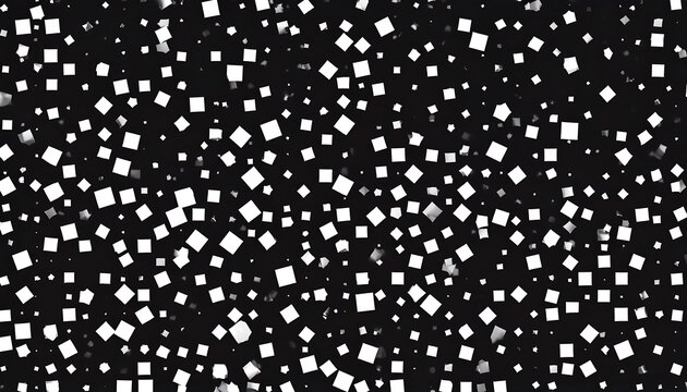 Black background filled with a random distribution of white, rotated squares of varying sizes, creating a visual texture