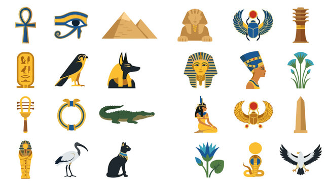 Collection of ancient Egyptian symbols and icons including pharaohs pyramids hieroglyphs ankh eye of Horus scarab and deities