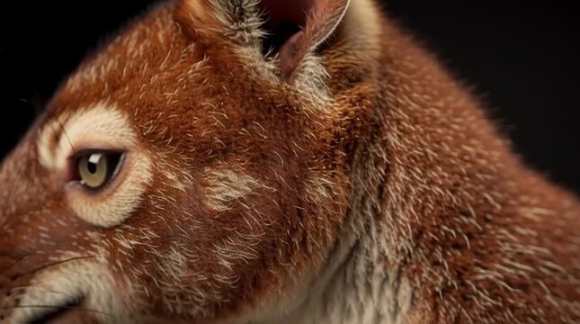 Extreme close up of tree kangaroo face, eye detail and fur texture, shallow depth, cinematic lighting, 4K