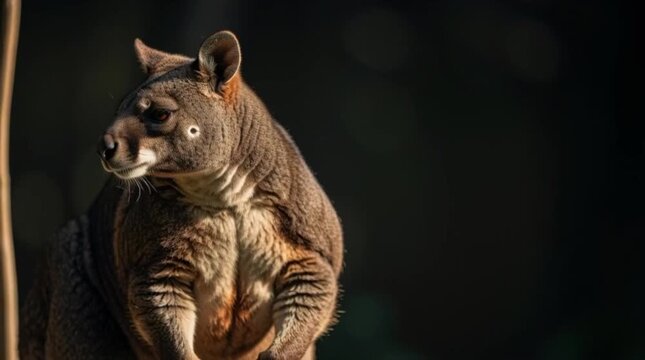 Tree kangaroo standing on branch, natural pose in rainforest, sharp focus with soft bokeh, realistic 4K video