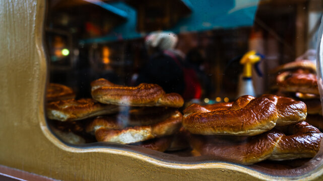 Fresh Golden Brown Homemade Soft Pretzels in Christkindlmarket Shop Window