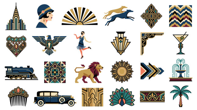 Art Deco Icons and Motifs Featuring Geometric Patterns Animals and Figures in a Vintage Color Palette