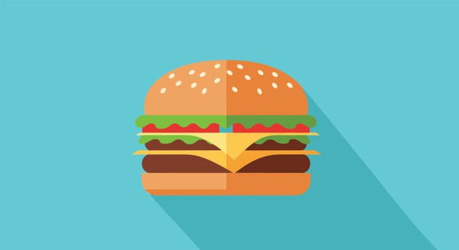 Flat vector illustration of a delicious double patty cheeseburger with fresh lettuce tomato and melted cheese on a blue background.
