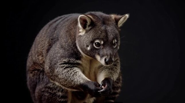 Tree kangaroo close up in dark background, detailed fur and expressive eyes, cinematic wildlife 4K footage