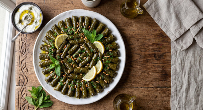 Authentic Levantine Warak Enab Traditional Stuffed Grape Leaves with Rice Filling Arranged in Sunburst Pattern with Pine Nuts Lemon Mint and Yogurt Sauce