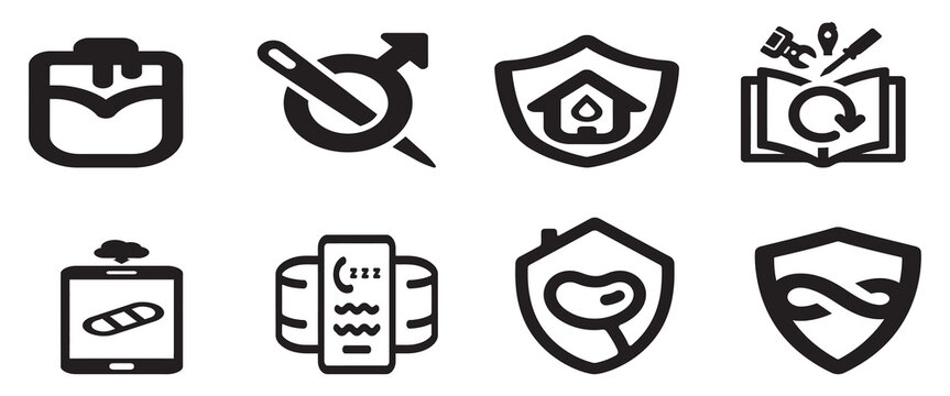 Collection of eight simple black line art icons representing various concepts and services with clear definitions